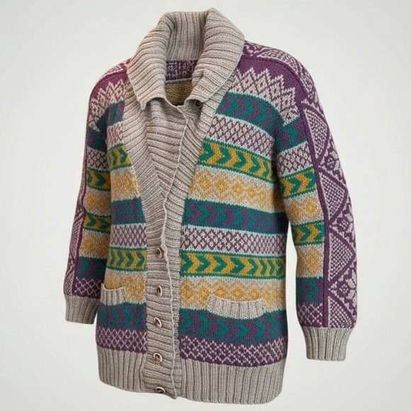 Sweaters - Vintage Geometric Button Cardigan Sweater Large Wool Statement Cozy Warm Unique